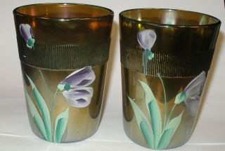 2 Antique Northwood Glass Hand Painted Tumbler