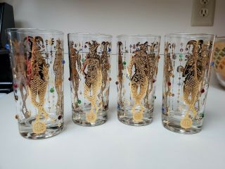 4 Culver Mardi Gras Hiball Glasses Jester Harlequin Jewels 2nd Pattern All Gold