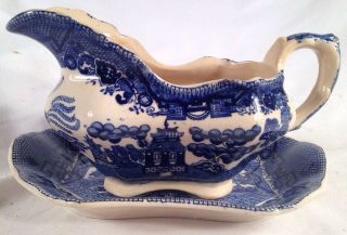 Antique Buffalo Pottery 1911 Blue Willow Gravy/sauce Boat Dish W/ Under Plate
