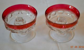 Set Of 2 Vintage Kings Crown Ruby Red And Clear Thumbprint Glass Candle Holders