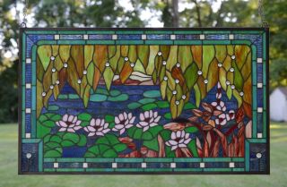 34.  5 " X 20.  5 " Stained Glass Window Panel Waterlily Lotus Flower Pond