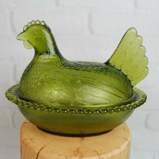 Vintage Indiana Glass Olive Green Hen On A Nest Dish Basket Chicken Decor