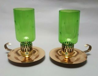 Pair Vintage Emerald Glo Green Cut Glass Brass Candle Holder National Silver Co