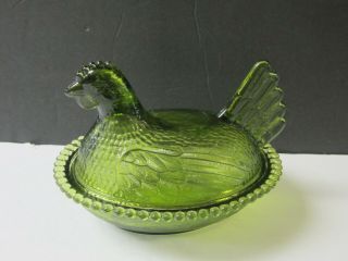 Vintage Indiana Glass Green Chicken/hen On Nest Covered Dish