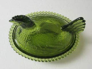 Vintage Indiana Glass Green Chicken/Hen on Nest Covered Dish 2