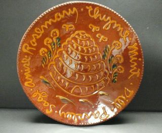 Ned Foltz Slip Decorated Redware 9 " Plate Herbs Named Around Edge Bee Hive