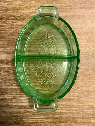 Green Depression Glass Vintage Oval Relish Dish Divided 2 Sections Daffodil