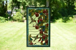 20 " X 34 " Large Handcrafted Stained Glass Window Panel Hummingbirds & Flowers
