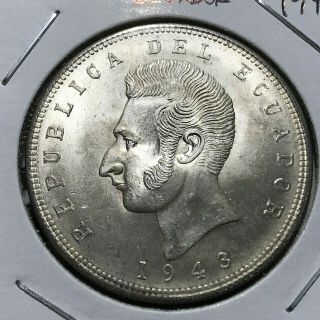 1943 Ecuador Silver 5 Sucres Brilliant Uncirculated Crown Coin