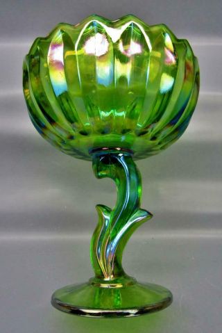 Modern Indiana Lotus Blossom Lime Green Carnival Glass Footed Open Compote 7190