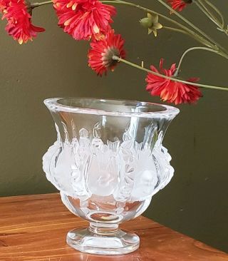 Signed Lalique Crystal Dampierre Vase Birds & Vines