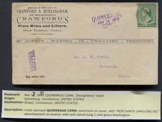 1889 Illustrated Cover Quinebaug Ct Purple Town Cancel Gargling Oil Linament