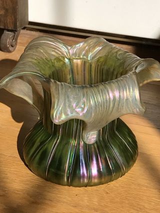 Antique Loetz Kralik Gloria Art Nouveau Green Iridescent Art Glass Vase 1910