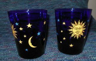 Libby Cobalt Blue Celestial Moon Stars Sun 4.  5 " Cocktail 12 Oz Glasses Perfect