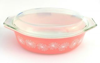 Vintage Pyrex Pink White Daisy 045 Oval Casserole Dish - 2 1/2 Qt - With Lid