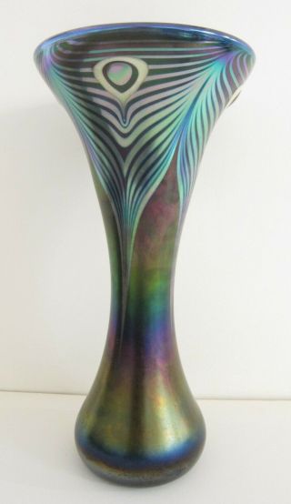 Stuart Abelman Hand Blown Dichroic Art Glass Peacock Feather Vase 16 "