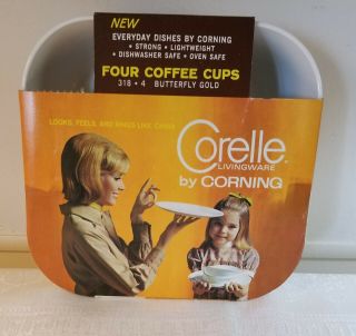 NOS 4 Vintage Corelle Butterfly Gold Coffee Cups 8oz NIB Corning Livingware 318 2