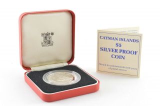 1989 Cayman Islands Sterling Silver Pf 5 Dollars 100 Years Postal Service 082