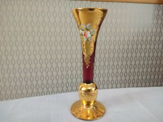 Vintage Murano Italian Floral Art Glass Ruby Red Thin Flower Vase Gold Gilt 3