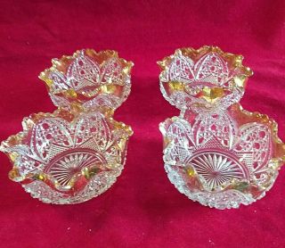 Gold Ruffled Rim Berry Bowls Set Of 4 Clear Pressed Glass Vintage Antique