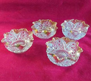 GOLD RUFFLED RIM BERRY BOWLS Set of 4 CLEAR PRESSED GLASS Vintage Antique 3