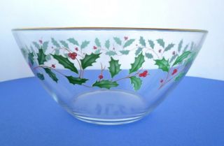 Holly And Berries Clear Glass Christmas Holiday 9 " Serving Bowl With Gold Rim