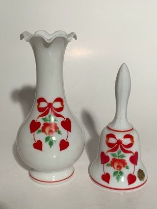 Vintage Westmoreland White Milk Glass Bell & Vase Red Ribbon,  Rose,  Hearts Sweet