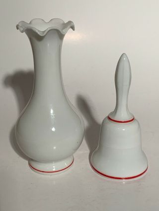 Vintage Westmoreland White Milk Glass Bell & Vase Red Ribbon,  Rose,  Hearts Sweet 2