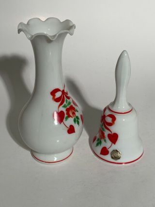 Vintage Westmoreland White Milk Glass Bell & Vase Red Ribbon,  Rose,  Hearts Sweet 3