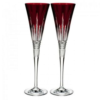 Waterford Crystal Lismore Diamond Ruby Red Champagne Flutes Set / 2 - / Box