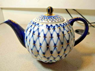Lomonosov Imperial Russian Cobalt Net 22k Gold Porcelain Mini Teapot 2 Cups
