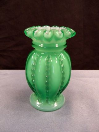 Fenton Ivy Green Overlay Beaded Melon Mini Miniature Vase 4 " Tall