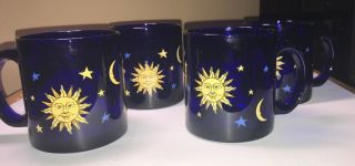 Set Of 4 Libbey Cobalt Blue Glass Celestial Coffee Mugs Sun Moon Stars