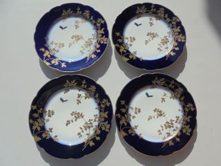4 Antique Chas Haviland Limoges France Cobalt Blue & Gold Butterfly Salad Plates