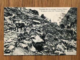 China Old Postcard A Caravan In The Hills Yunnan To France 1936