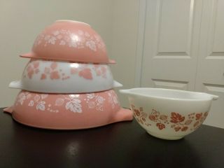 Vintage Pyrex Pink Gooseberry Cinderella Nesting Bowl Set 441 442 443 444