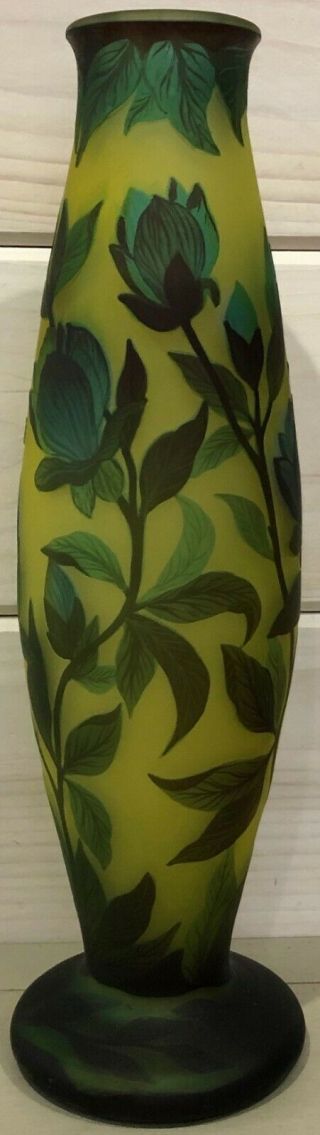 Lg 16 " Vintage Emile Galle Tip Cameo Art Glass Vase Yellow Blue Green Floral Dec