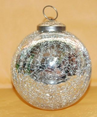 Silver Crackle Glass Friendship Witches Ball Ornament Hand Crafted Art Christmas