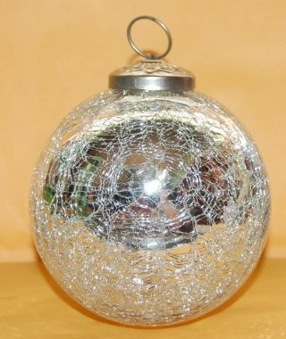Silver Crackle Glass Friendship Witches Ball Ornament Hand Crafted Art Christmas 3
