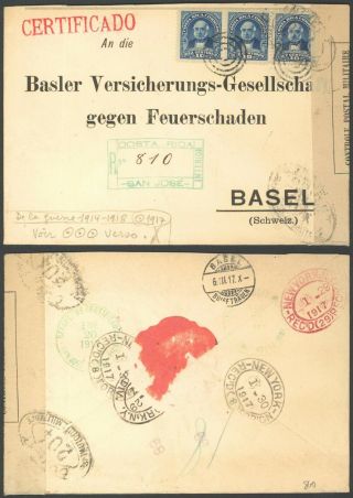 Costa Rica Wwi 1917 - Registered Cover To Basel Switzerland - Censor M900/52
