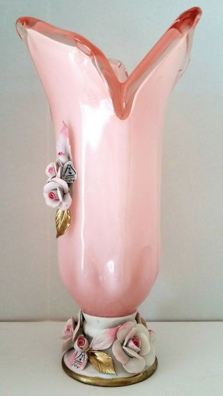 Murano Glass Vase Collectable Art Centerpiece Capodimonte Porcelain Flowers Pink