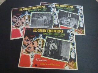 Three (3) Mexican Lobby Cards Houdini Tony Curtis & Janet Leigh Magic Or Escape