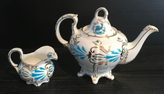 Vintage Royal Chelsea Blue And Gold Peacock Teapot & Creamer