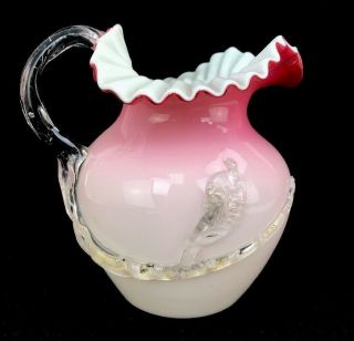 Antique Victorian Art Glass Peach Blow Pink Pitcher Applied Handle Decoration 8 "