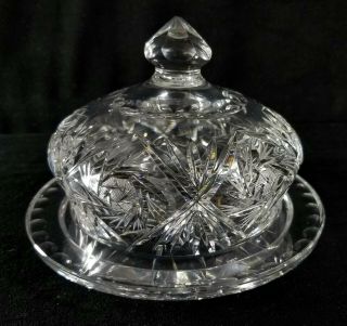 Vintage Crystal Cut Glass Cheese Butter Dish W Dome Rimmed Plate 6.  5x4.  2 Vfine