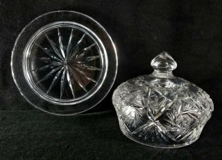 Vintage Crystal Cut Glass Cheese Butter Dish W Dome Rimmed Plate 6.  5x4.  2 VFINE 2