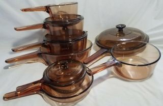 Vtg 12 Pc.  Corning Ware Visions Amber Vision Cookware Set,  Lids Most Lk - Nw L3