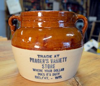 Red Wing Stoneware Advertising Bean Pot Beloit Wisconsin Pragers Store Antique