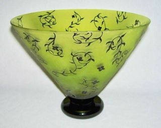 Steven Correia Green - Yellow Art Glass Bowl W/black Floral Designs (2006)