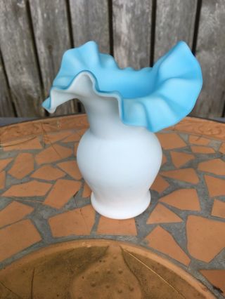 Fenton Glass Blue & White Cased Satin Vase Ruffled Crimped Rim 5.  5”